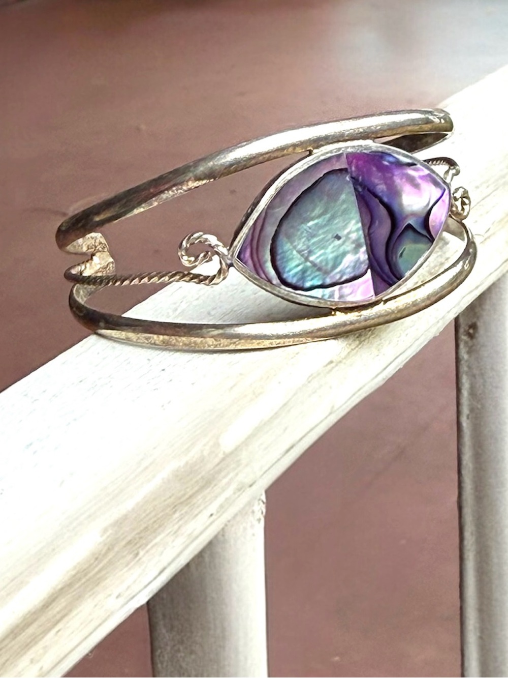 Vintage Alpaca Mexico Abalone Shell Inlay Cuff Bracelet